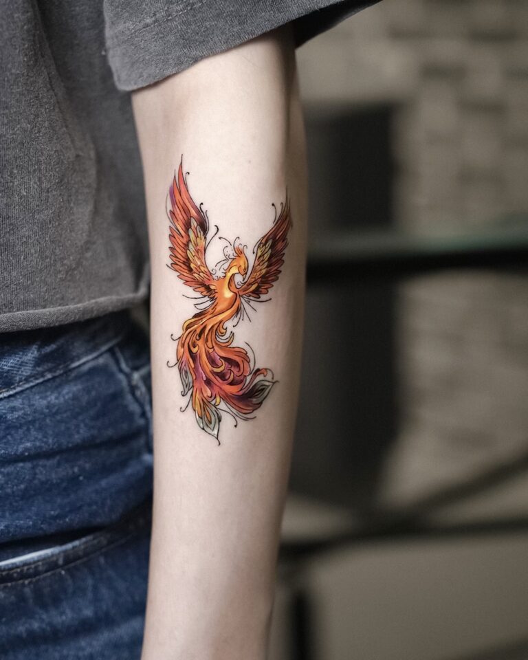 Rising phoenix stylized tattoo in flaming orange and red